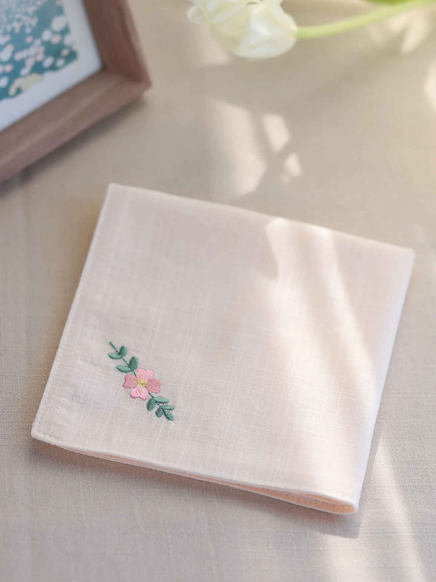 Chinese Style Embroidery Pink Flower Cotton Handkerchief Women Portable Sweat Absorbent Square Vintage Hanky Light Pink Turquois