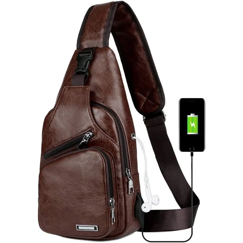 

Leather Sling Chest Bag Mens Casual Shoulder Crossbody Bags Travel Hiking Backpacks Anti Theft Daypack with USB Charging Port