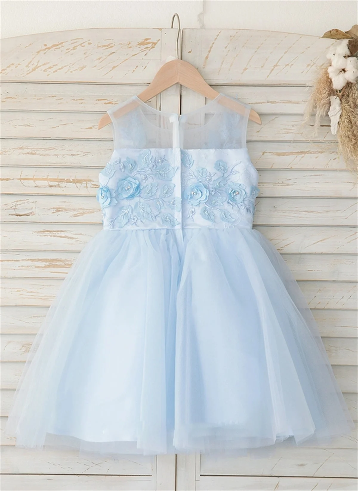 A-Line Wedding Flower Girl Blue Dress Round Neck, Sleeveless White Butterfly Flower Leaf Appliqué Simple Tulle Custom Color Size