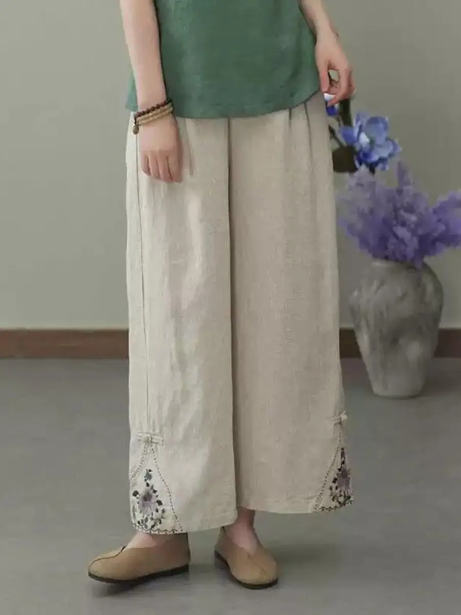 

Unique Beautiful Wide Leg Cotton Linen Women's Pants Ethnic Style Loose Fit Summer Casual Trousers Asymmetrical Design
