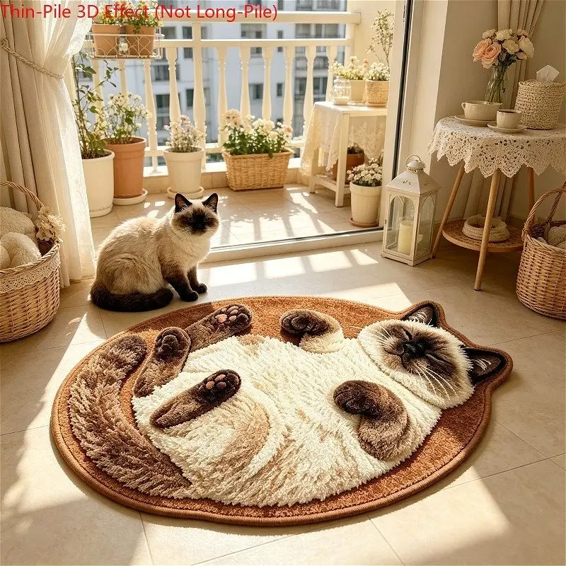 VIKAMA 3D Effect Lying Siamese Cat Kitten Thin‑Pile Shaped Non‑Slip Floor Mat Rug For Bedroom Bathroom Indoor Home Decor