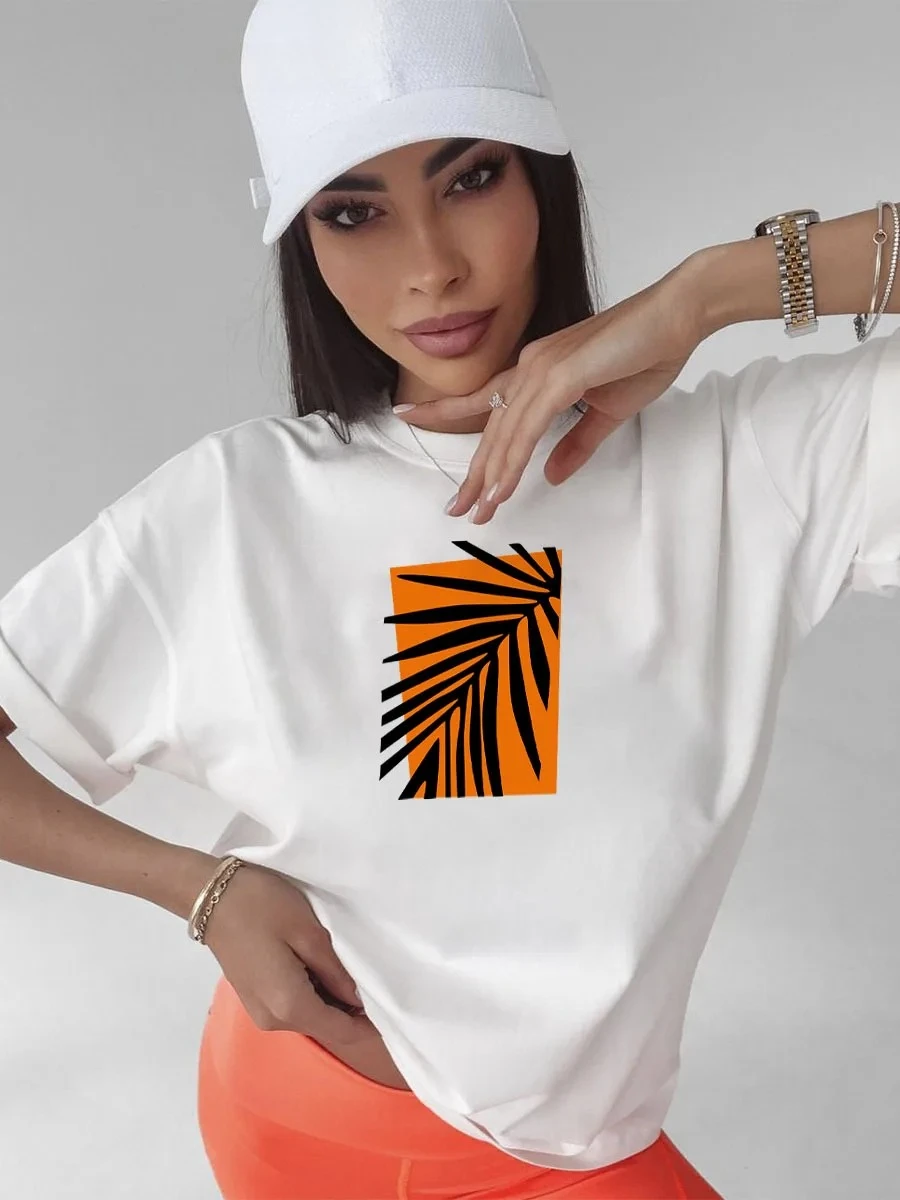 

Trendy European Ins Vintage Orange Leaf Printed T-shirt for Women Casual Summer Cotton Y2k Breathable Vacation Half-sleeved Top