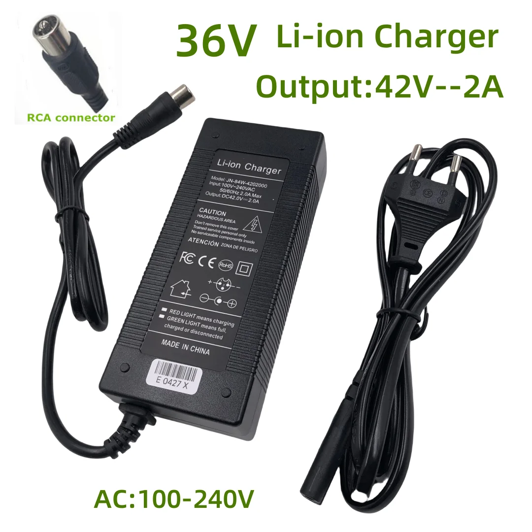 42V2A Charger 36V Li-ion Lithium Battery Charger for 36V Lithium Li-ion Battery Pack RCA Plug Quiet Charger Input 100-240V