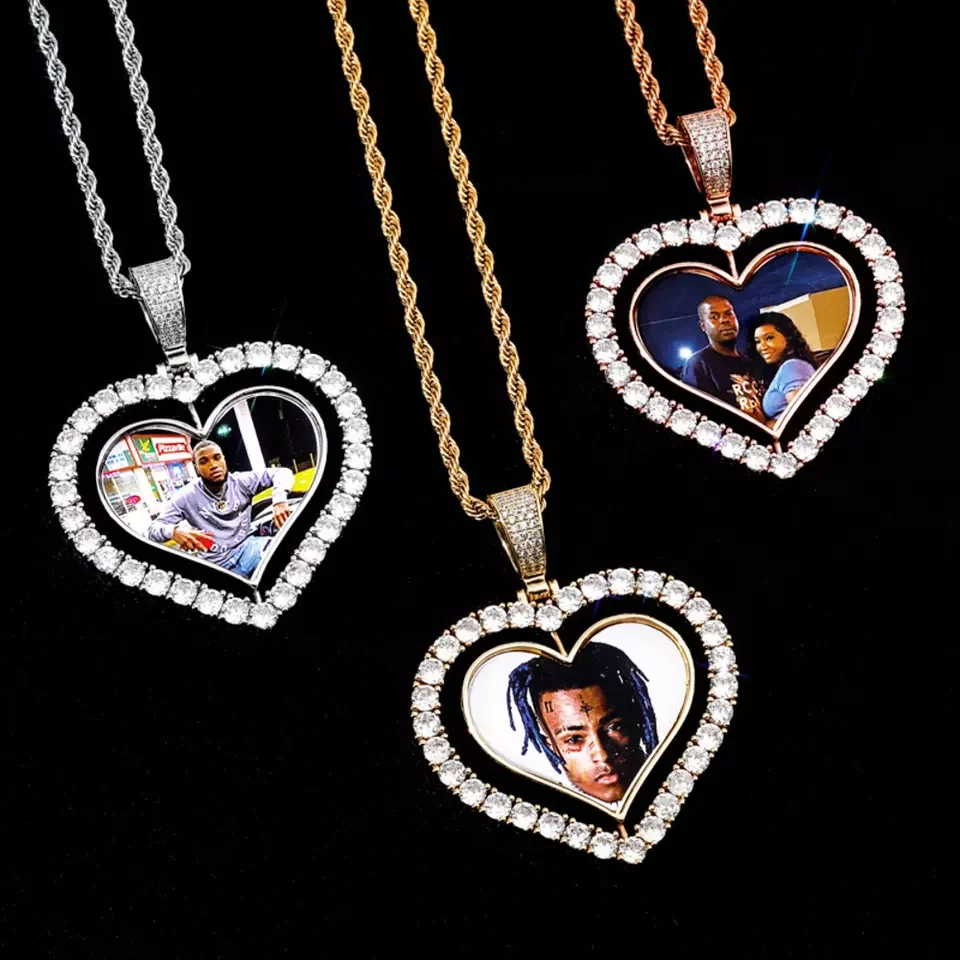 Free Shipping 10pcs/Lot Double Sides Hip Hop Heart Bling Rotating Sublimation Necklace Jewelry Blanks with Stainless Steel Chain