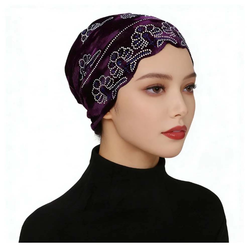 Velvet Rhinestone Turban Bonnet Muslim Inner Hijab Hat Chemo Cap Women Hair Loss Underscarf Head Wrap Beanies Turbante Mujer
