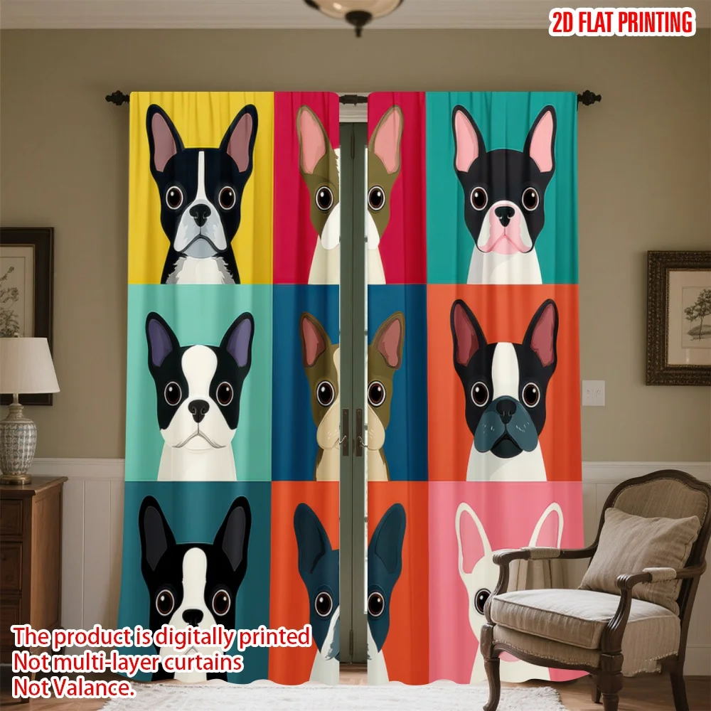 

2D flat printing 2pcs Drapes Colorful French Bulldogs Grid Digital Printed Polyester Drapes Birthday Party Use for Classroom