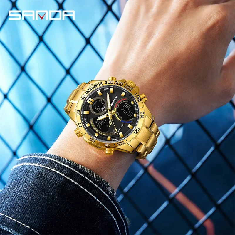 SANDA ساعة عسكرية فاخرة للرجال من الفولاذ المقاوم للصدأ مقاومة للماء ساعة منبه مضيئة كوارتز ساعة يد رقمية للرجال Relogios Masculino