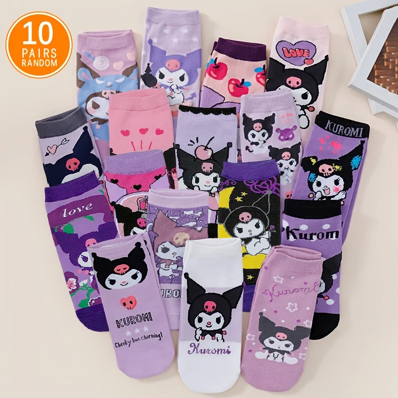 

10 пар изысканных и новейших женских коротких носков с рисунком Sanrio, фиолетовые повседневные удобные повседневные носки Kuromi Kuromi