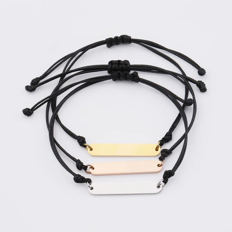 5 Pcs Stainless Steel Blank Bar DIY Bracelet Custom Engravable Adjustable Black Rope Bracelet Handmade Jewelry Accessories