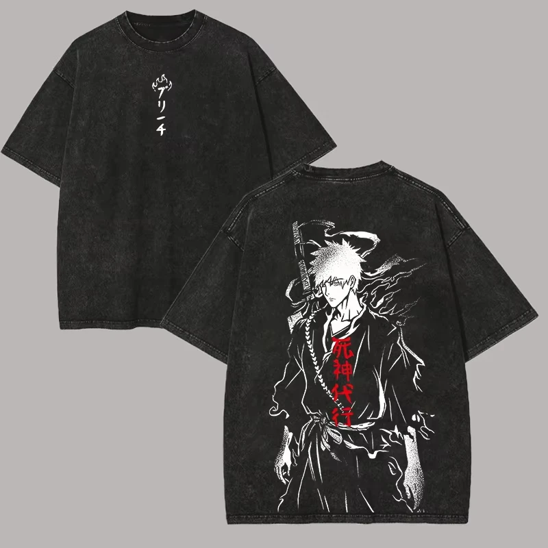 Anime Bleach Urahara Kisuke Peripherals Vintage Washed Cotton T-shirt Streetwear Fashion Men Women Oversized Top Summer New Tee
