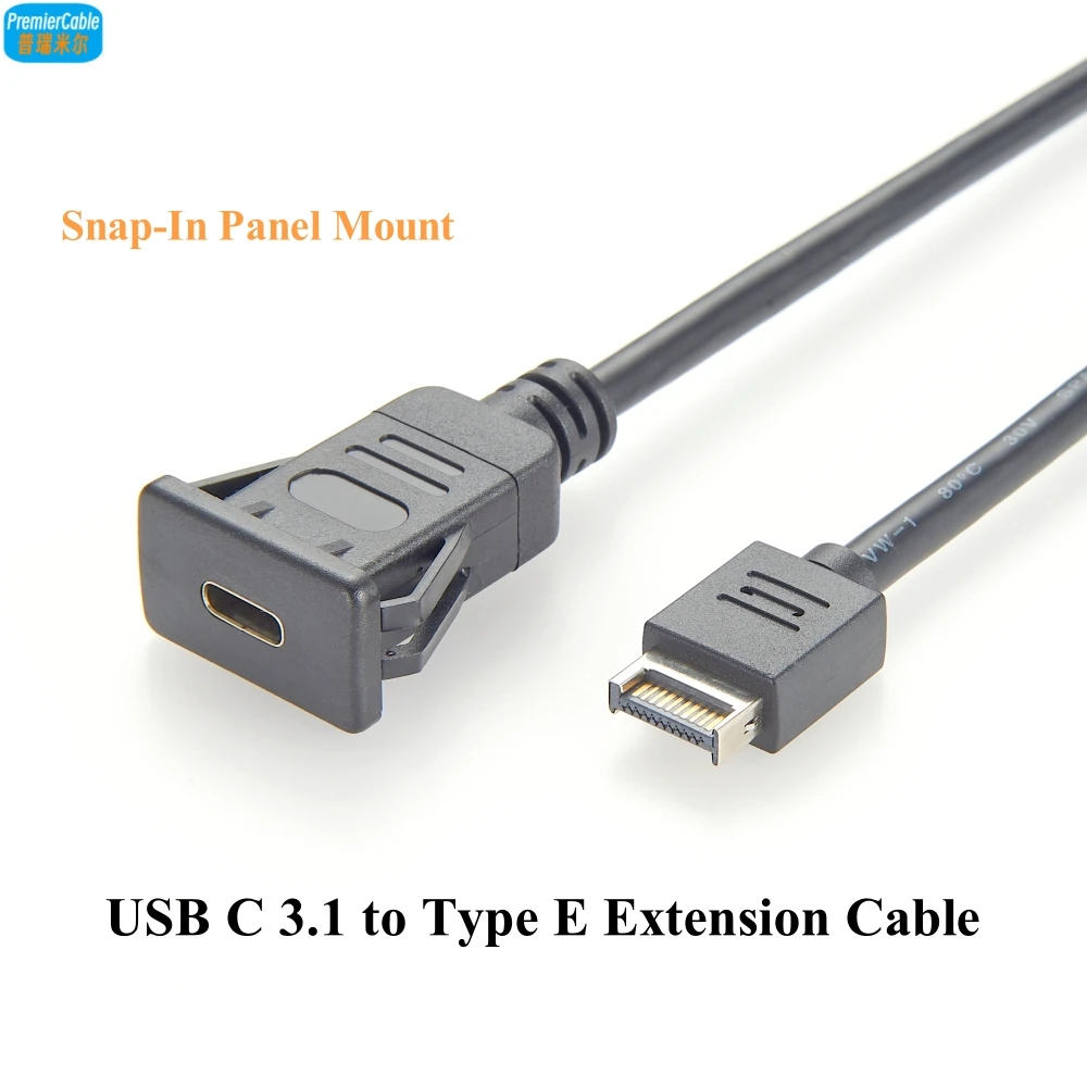 Snap-In Panel Mount USB C 3.1 Female to Type E Male Extension Cable 480Mbps Square Flush Mount Embedded Cord for Dashboard Boat