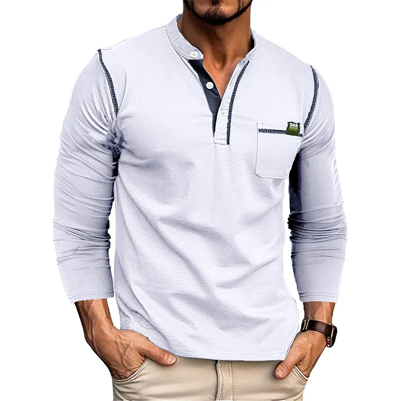 

Men Henley Shirts Contrast Color Casual Long Sleeve Tops with Pocket Spring Autumn Clothes for Beach Vacation Streetwear