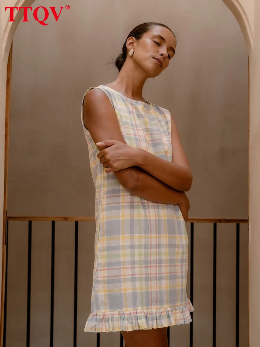 

TTQV Summer Loose Plaid Print Women's Dress 2026 Fashion O-Neck Sleeveless Mini Dresses Elegant Classic Pleated Female Dress