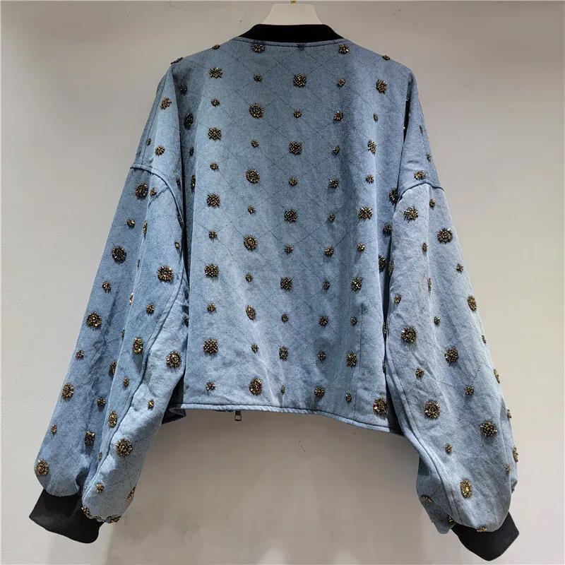 HKSH 봄 가을 신상 여성 데님 재킷 비즈 장식 컬러 블록 패치워크 스탠드 칼라 지퍼 우아한 인스 캐주얼 Y2K 코트 HK16168