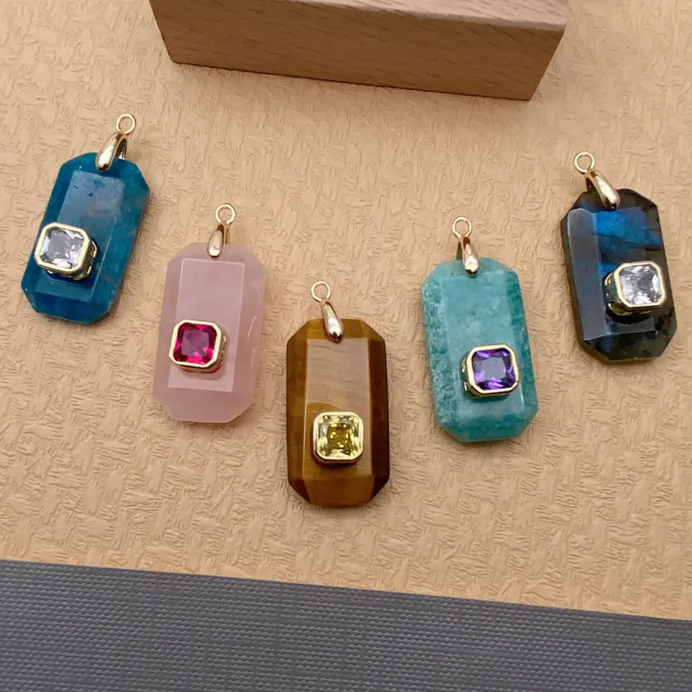 5 Pcs Natural Gemstone Rectangle Shape Apatite Rose Quartz Tiger Eye Amazonite Labradorite Cz Pendant view 4