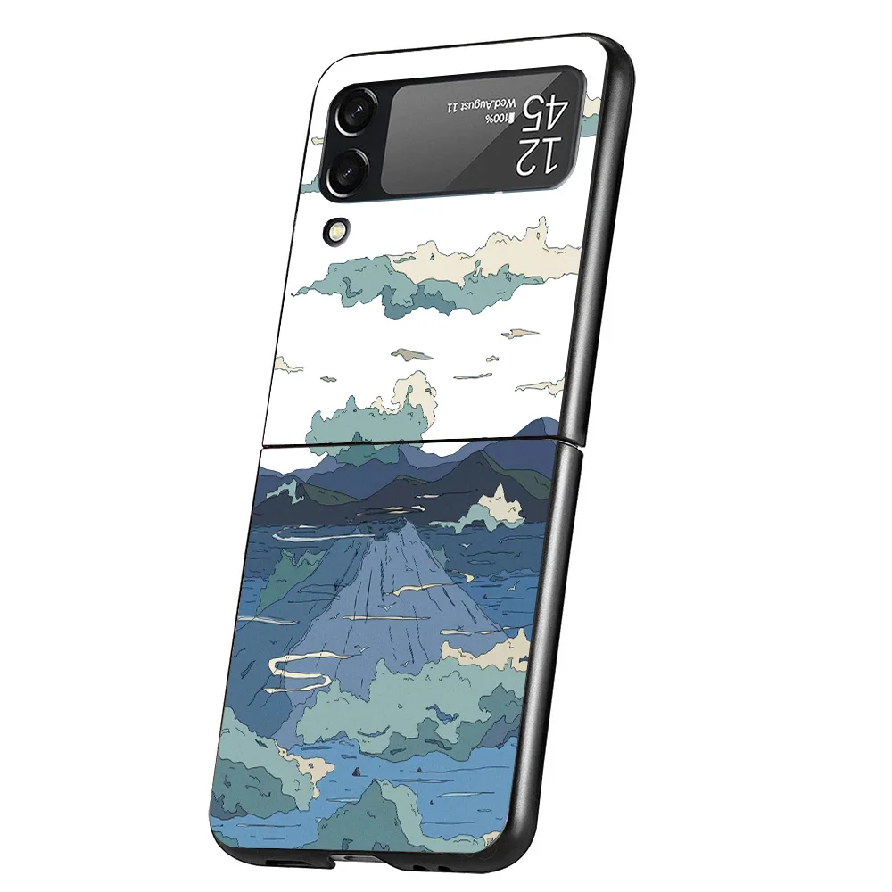 Funda de teléfono con paisaje estético de Anime, carcasa dura negra para Samsung Galaxy Z Flip 6 5 4 3 5G Flip6 Flip5 Flip4 Flip3