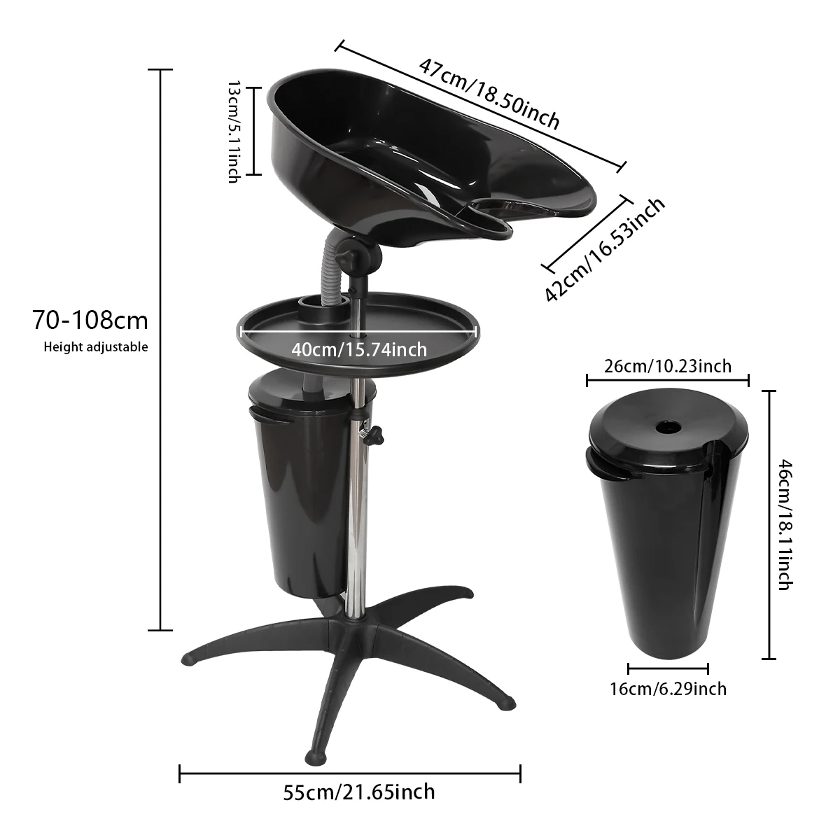 Salon Mobile Shampoo Bowl Basin Shampoo Sink with Drain Stainless Steel Pipe Support Adjustable Height Barbershop Tools