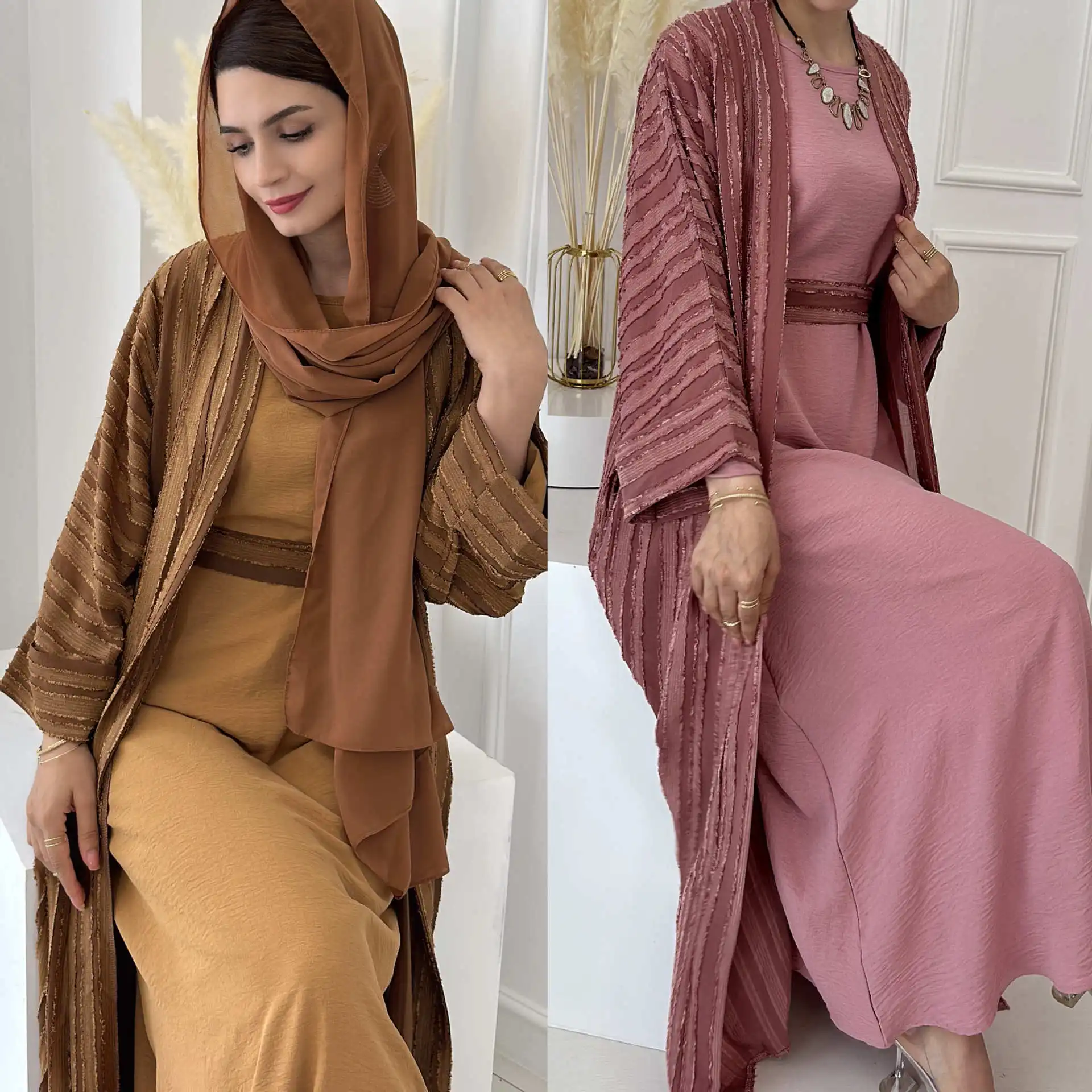 

Siskakia Fashion Muslim Kimono Abaya Solid Striped Retro Ethnic Cardigan Robe Dubai Middle Eastern Saudi Arabia Eid Clothes 2023