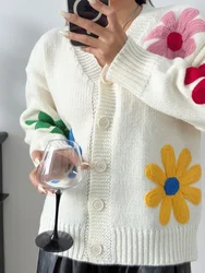 Maglione cardigan con fiori ricamati vestibilità ampia da donna Cardigan aperto sul davanti casual spesso per l'autunno e l'inverno 2024