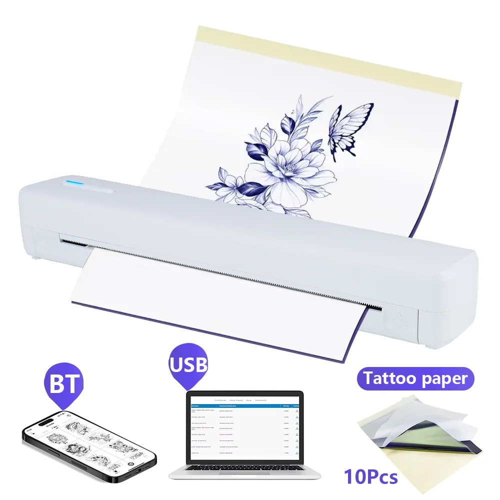 Imprimante de pochoirs de tatouage sans fil, Kit d'imprimante thermique Portable A4, Compatible avec téléphone iPad et PC pour artistes tatoueurs