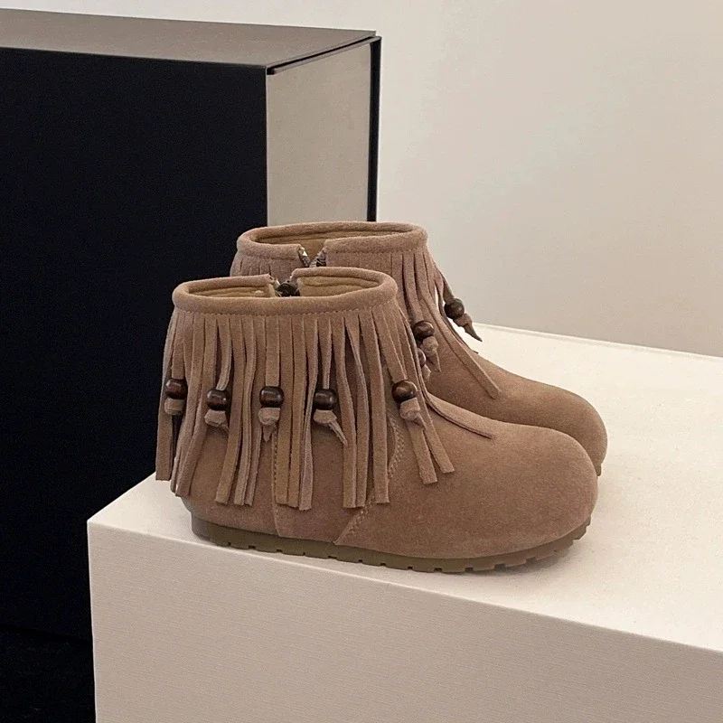 

Модные зимние сапоги маленького цвета для девочек, красивые теплые плюшевые замшевые сапоги с кисточками, детские меховые сапоги, детская обувь