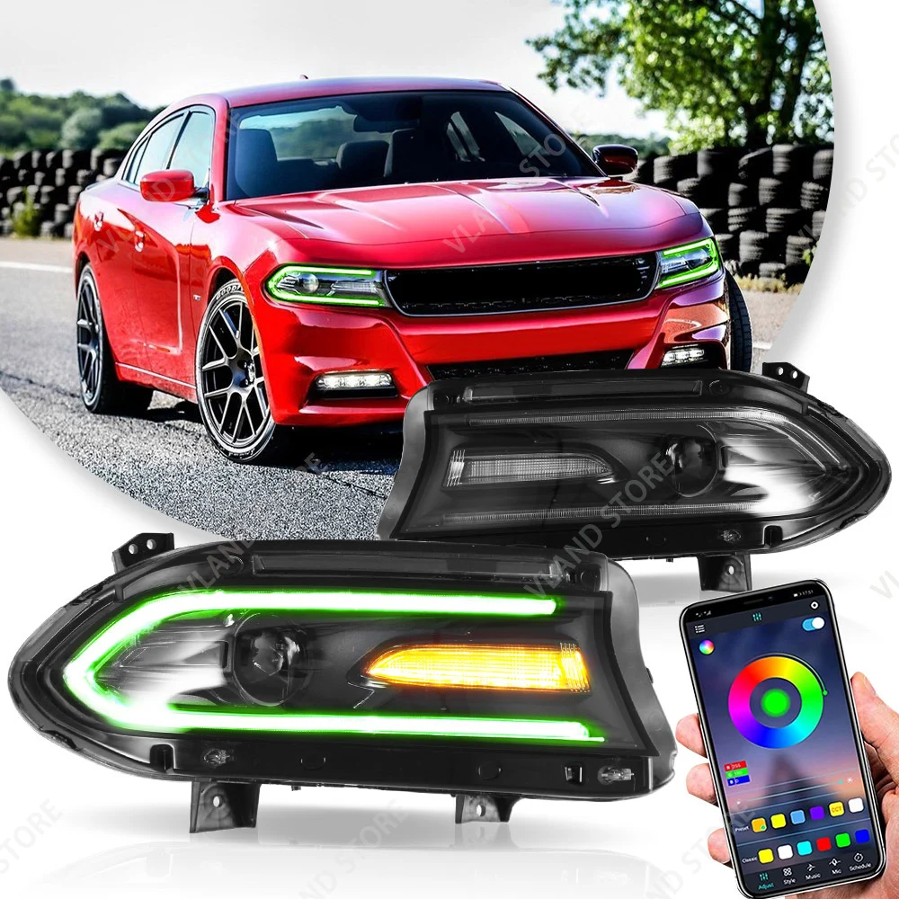 Vland Aftermarket RGB Color Changing DRL Dual Beam Projector Headlights Black Housing For 15-23 Charger 7th Gen LD Upgrade