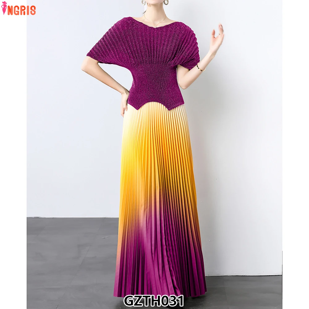 

Wrinkle Fluorescent Gradient Two Piece Skirt Set Ladies Temperament Slim Short Sleeve Tops and Long Pleated Skirts-GZTH031