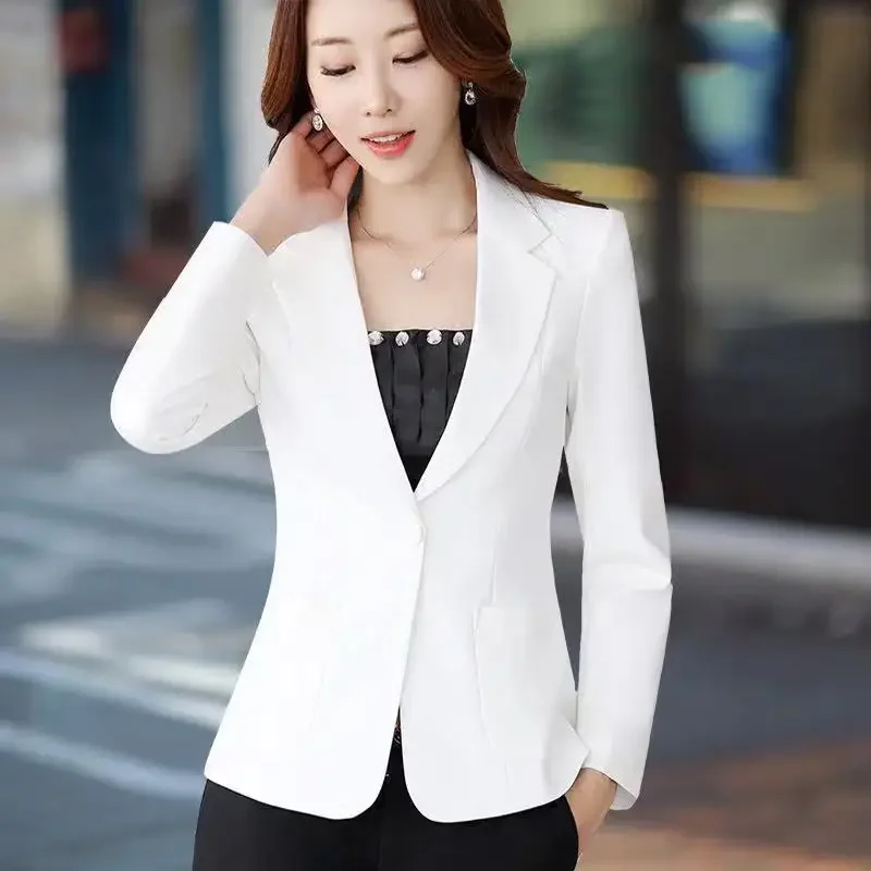 Slim Fit Black Women Blazer with Pockets for Formal Occasions 2024 Spring Autumn OL Lady Office Work Suit Coat White Beige Navy