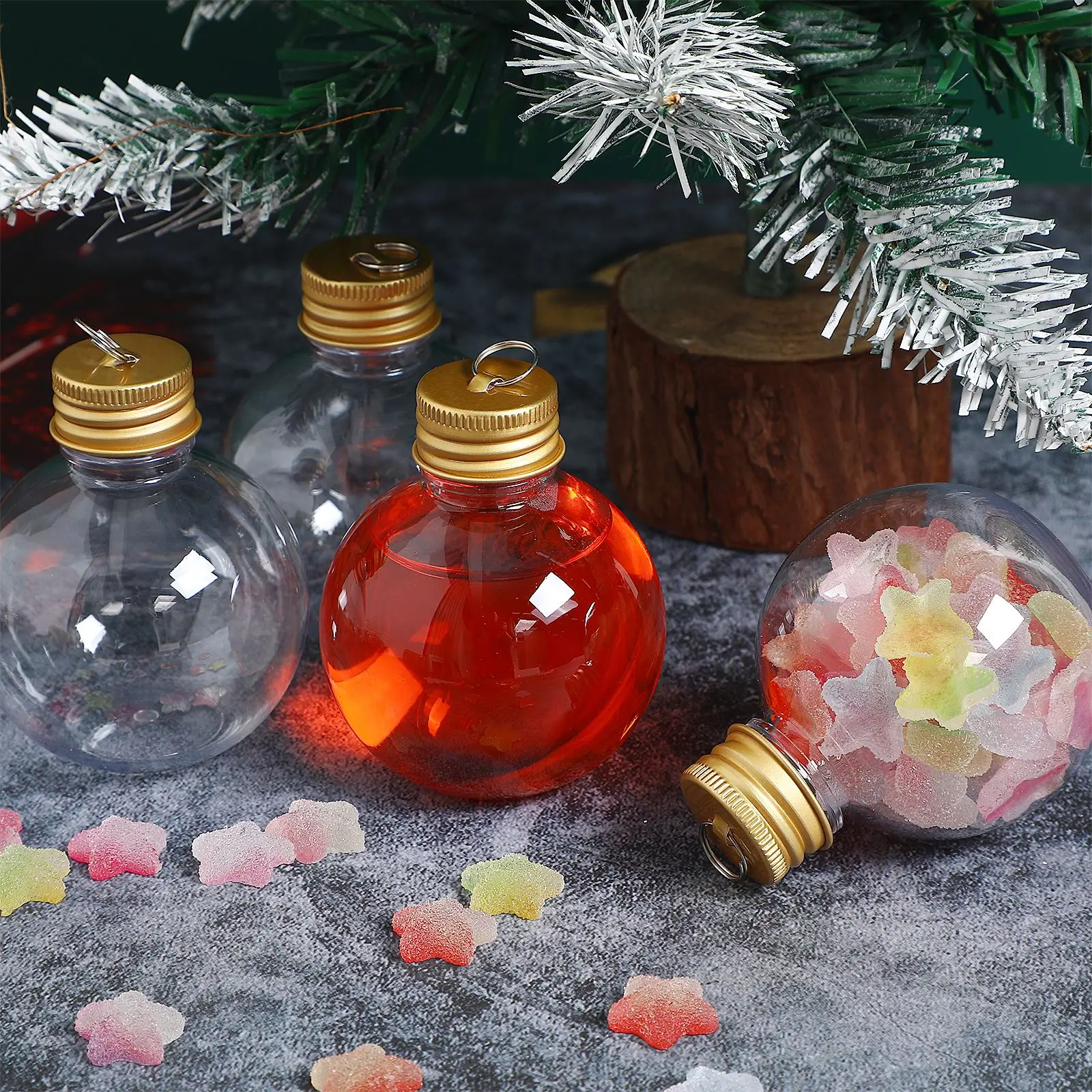 10pcs Christmas Shape Juice Bottle with Gold Hanging Cap Clear Plastic Candy Gift Packaging Decoration Pendant 250ml