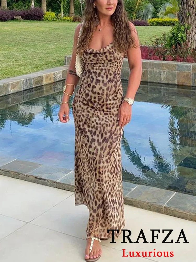 TRAFZA Vintage Leopard Print Chiffon Sexy Cami Dress Women V Neck Sleeveless Party Dress Fashion 2024 Summer Streetwear Dress