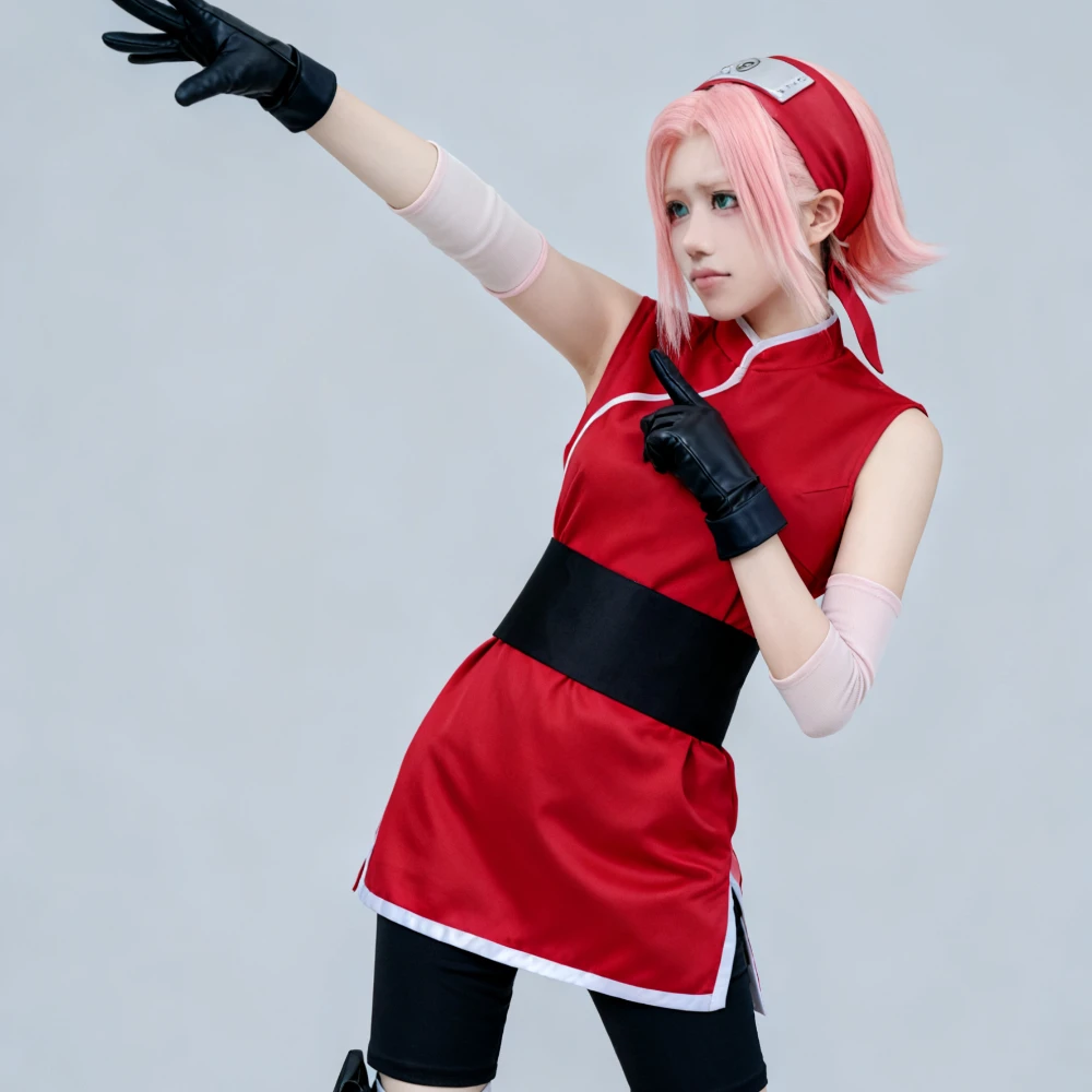 Anime Haruno Sakura Cosplay Costume Top Skirt Shorts Pouch Cos Convention Halloween  Christmas Party Women Girl Fullset