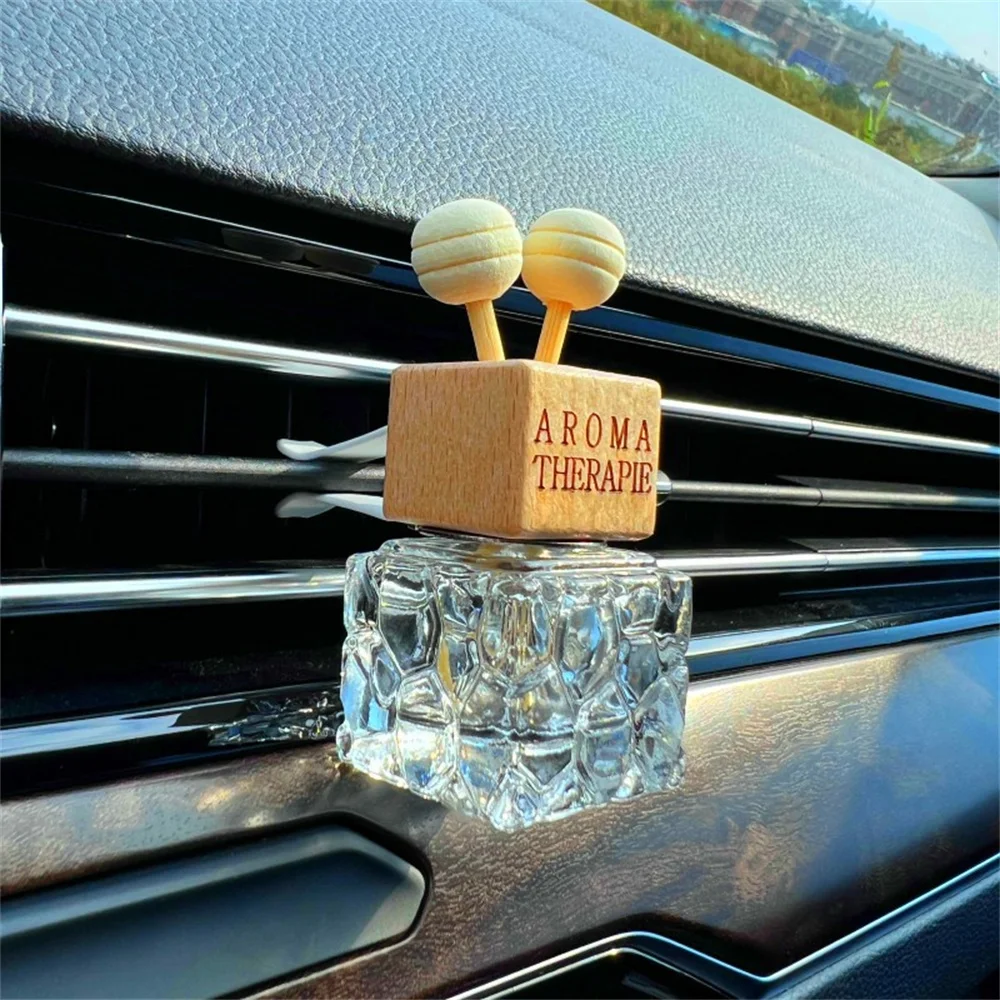 0.27oz Water Cube Air Outlet Perfume Empty Bottle Car Glass Diffuser Bottle Wooden Cap Freshener With Clip Vehicle Fragrance Dec