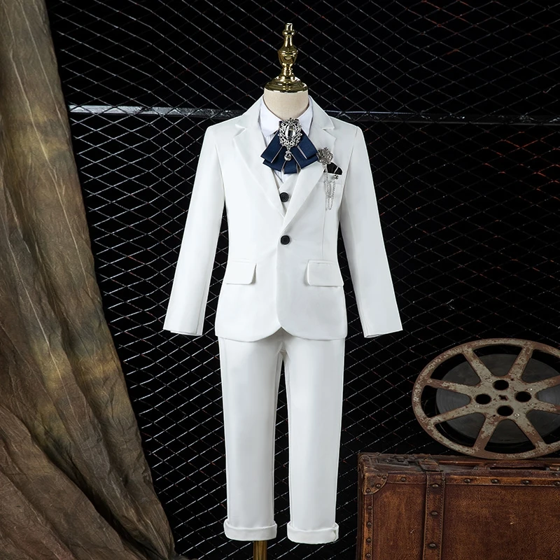 

Children's White Formal Dress Suit Set Boys Wedding Host Piano Performance Costume Kids Blazer Vest Pants Clothes Set