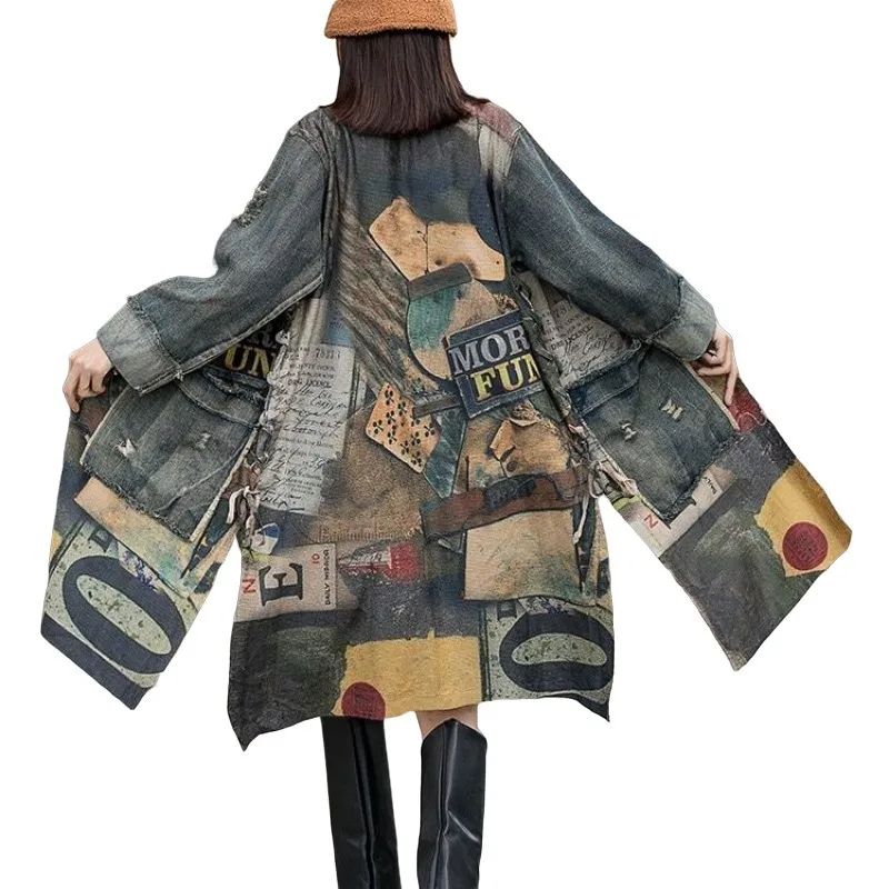 Fashionable Versatile Colorful Printed Patchwork Distressed Denim Jacket Women Lapels Cardigan Side Straps Medium Length LX1711