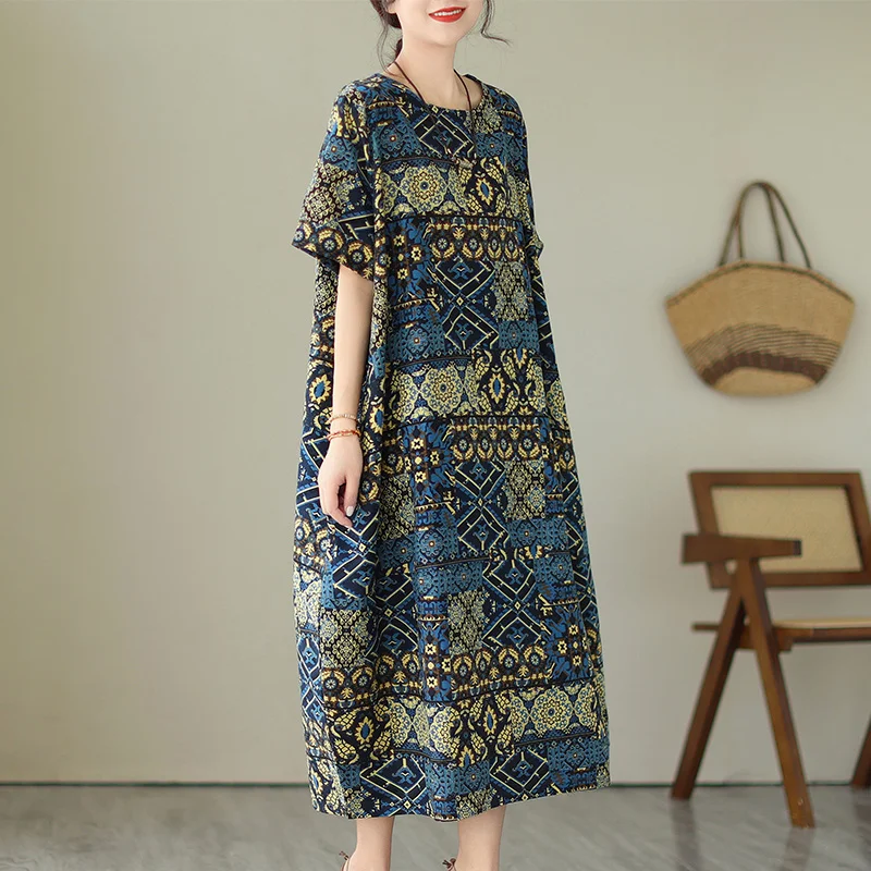 # 6647 Summer Vintage T Shirt Dress Short Sleeves Loose O-neck Cotton Linen Midi Dress Female Round Neck Retro Print A-line Dress