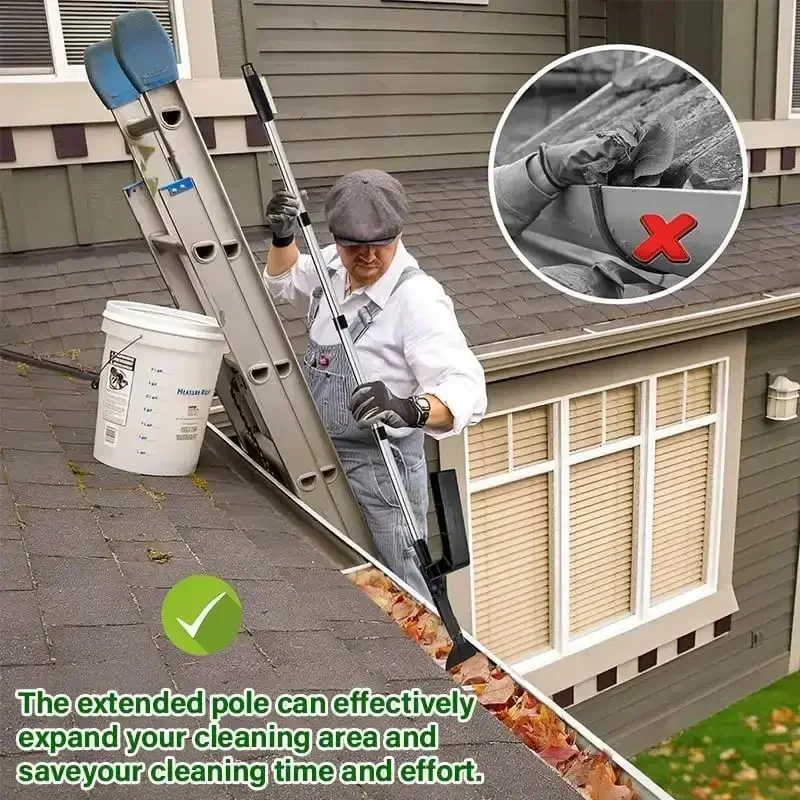 Multi-Functional Gutter Cleaning Tool Adjustable Double Head Grooved Cleaning Rod Long Pole Roof Drain Garbage Removal Shovel