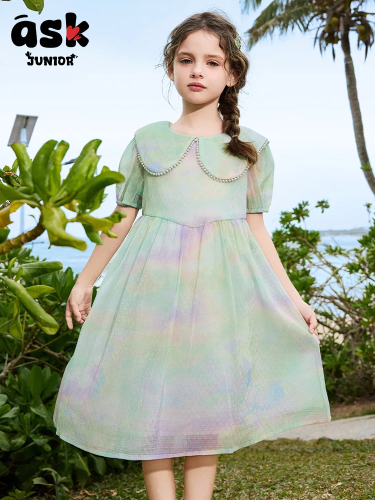 

Tween Girls Summer Brighter Mesh Wind Doll Collar Contrast Princess Dress