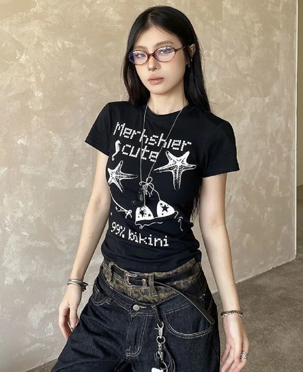 

American Retro Front Shoulder Printed Short-sleeved T-shirt Women Summer New Slim Versatile Short Hot Girl Top