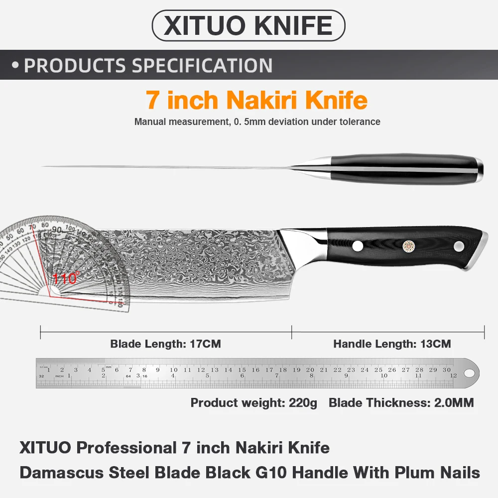 Damascus Nakiri Knife 7Inch Pro Kitchen Knife Black G10 Ergonomic Handle Multi Chef Knife Meat Cleaver Vegetables Chopping Sharp