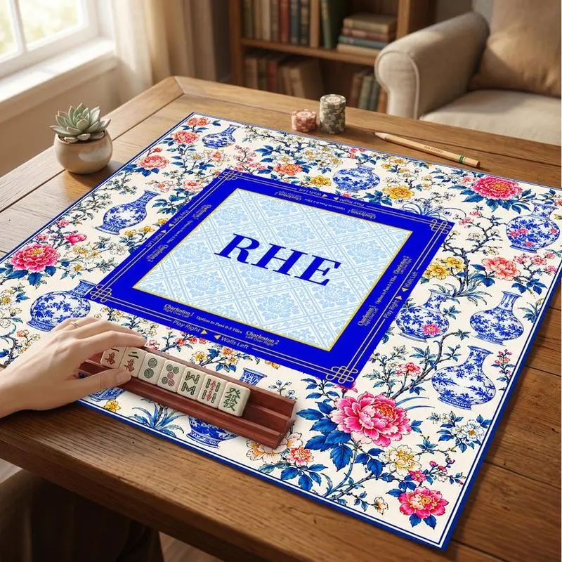 VIKAMA Custom Initial Blue White Vase Floral Mahjong Mat Non Slip Washable Soft Pad For US Mahjong Lovers Game