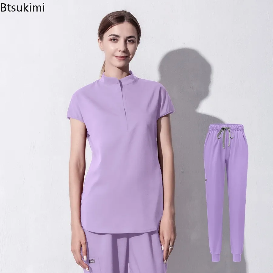High Quality Denim Gray Scrubs Suits Tooth Check Workwear Spa Uniforms Beautician Scrub Work Suit Wholesale Scrubs Women Uniform view 4