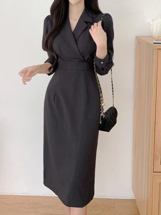 Elegant Retro V-Neck Belted Waist Suit Dress Women's Maturity Style High-End Midi Skirt Korean Style Spring Autumn Winter