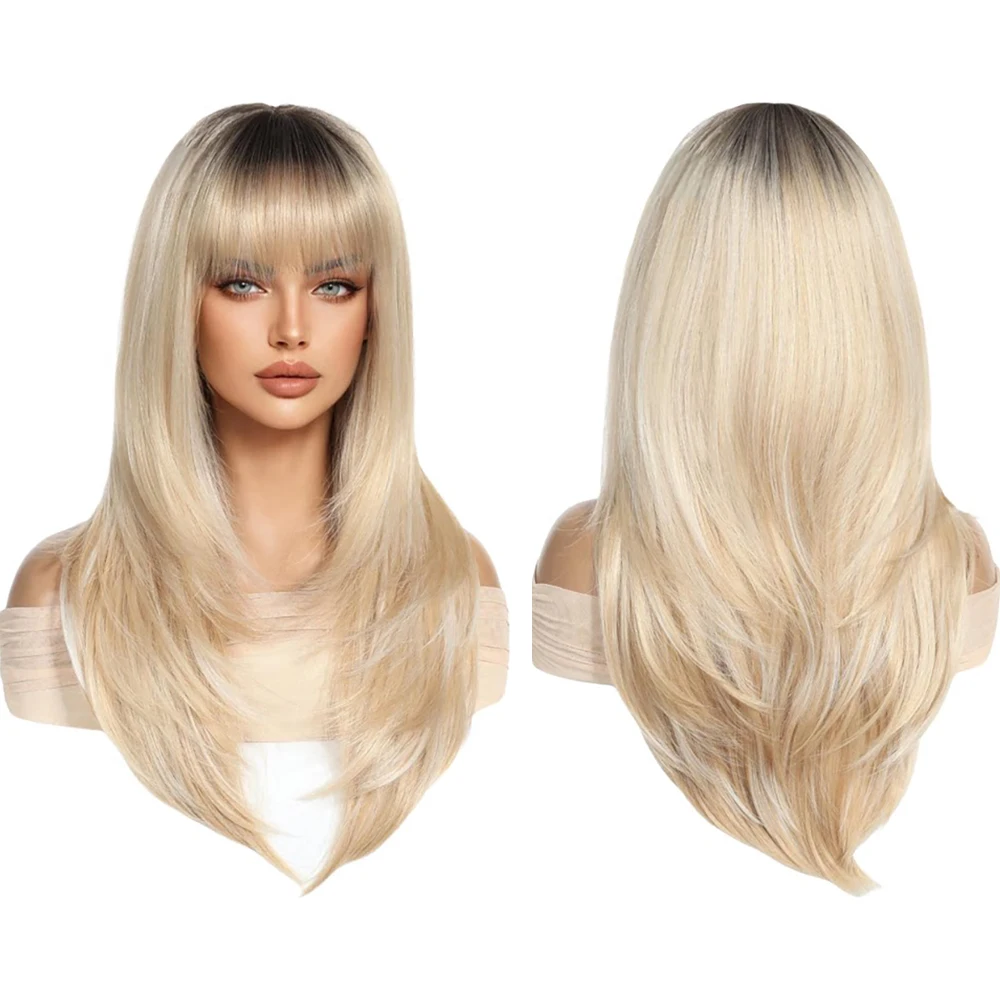 Ombre Blonde Wig With Dark Roots Long Straight Layered with Bangs Heat Resistant Synthetic Hair For Women Daily Cosplay Party
