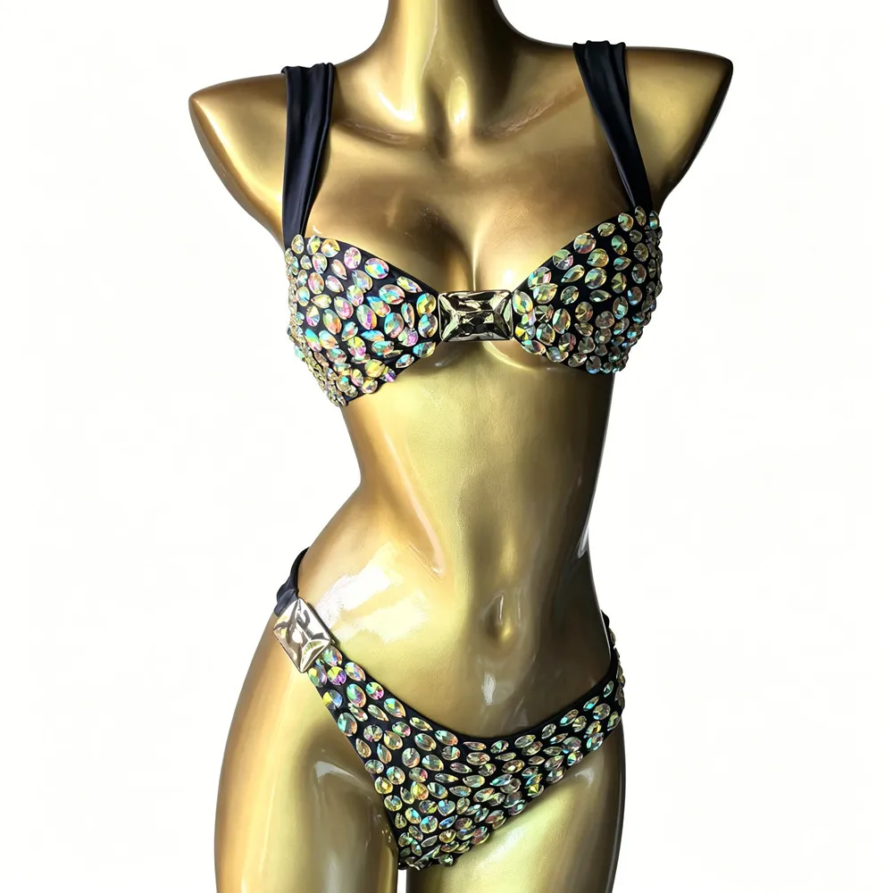 Sexy Beach Holiday Vacation Swimsuit Women Rhinestones Bikini Swimwear 2 Pieces Set Nightclub Party Pole Dancing Rave Outfits