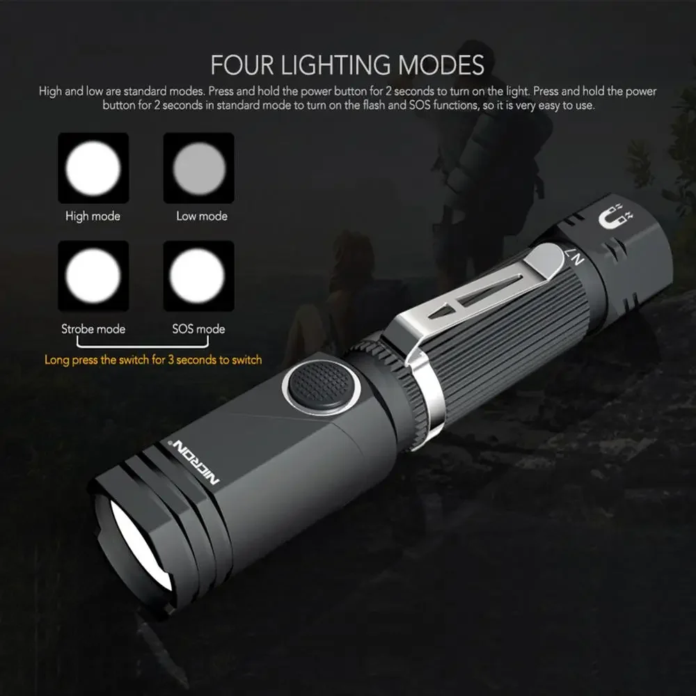 NICRON Led Flashlight Handfree Dual Fuel 90 Degree Twist Rotary Clip 600LM Waterproof Magnet Mini Lighting LED Torch Outdoor N7