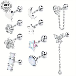 Drperfect Cartilage Earring Stud for Women Stainless Steel Cartilage Hoop Earring Heart Flower Chain Dangle CZ Piercing Jewelry