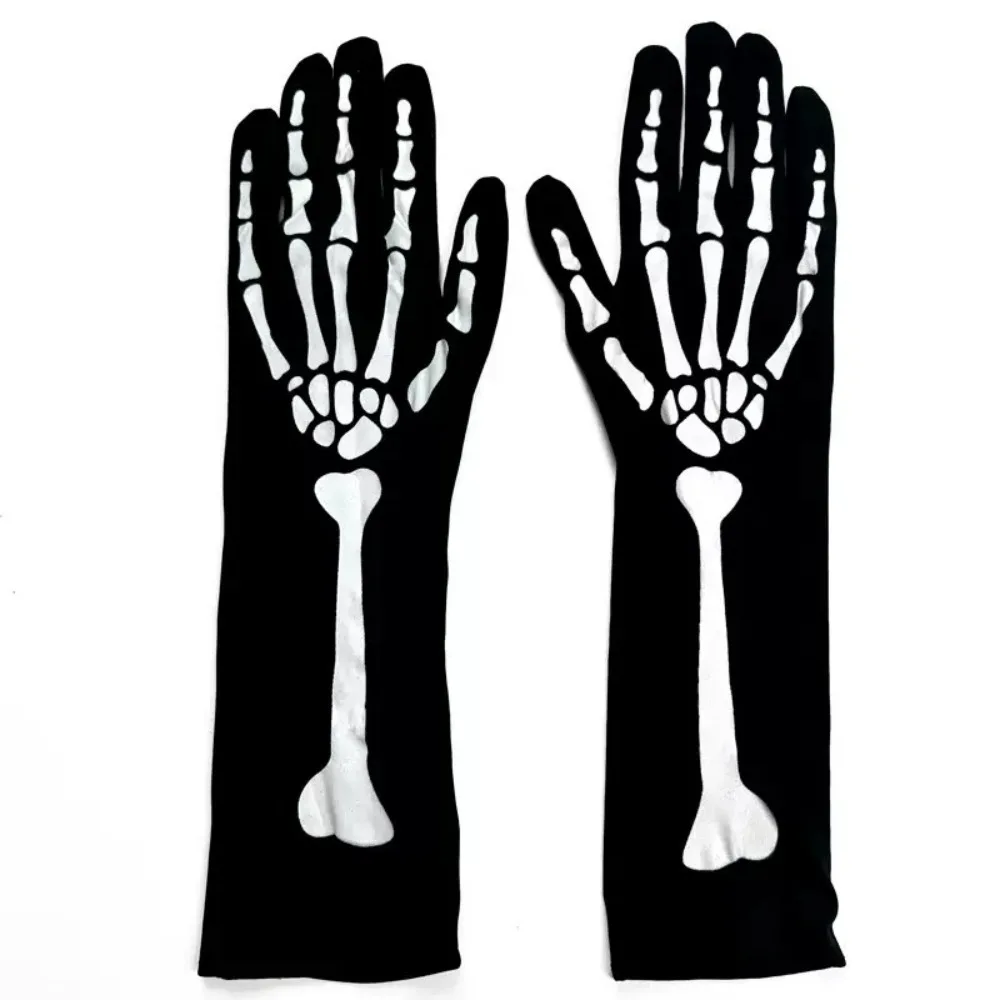 Women's Full Finger Skeleton Gloves and Over The Knee Skeleton Stocking Set Black Long Sleeve Leggings Suitable for Halloween