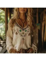 Ethnic Style Women V-neck Long-Sleeved Top Bohemian Vacation Retro Print Casual Blouse Shirt Vintage Spring Blouse Top
