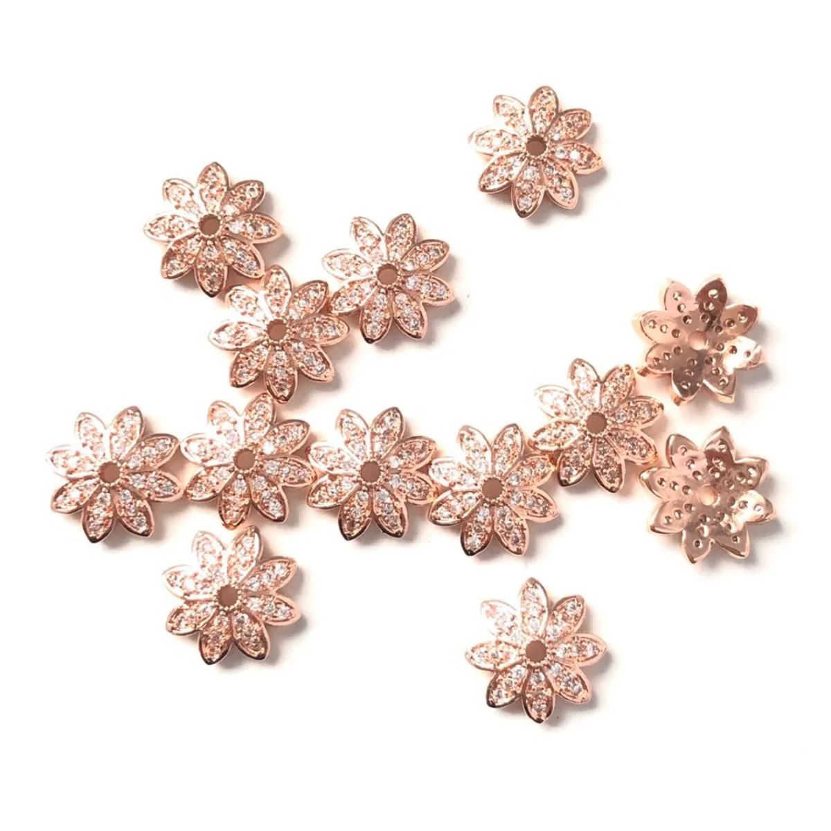 20pcs/lot 10.9mm Flower Spacer Beads Caps for Girl Bracelet Making Cubic Zirconia Micro Pave Gold-Plate Jewelry Accessory Supply