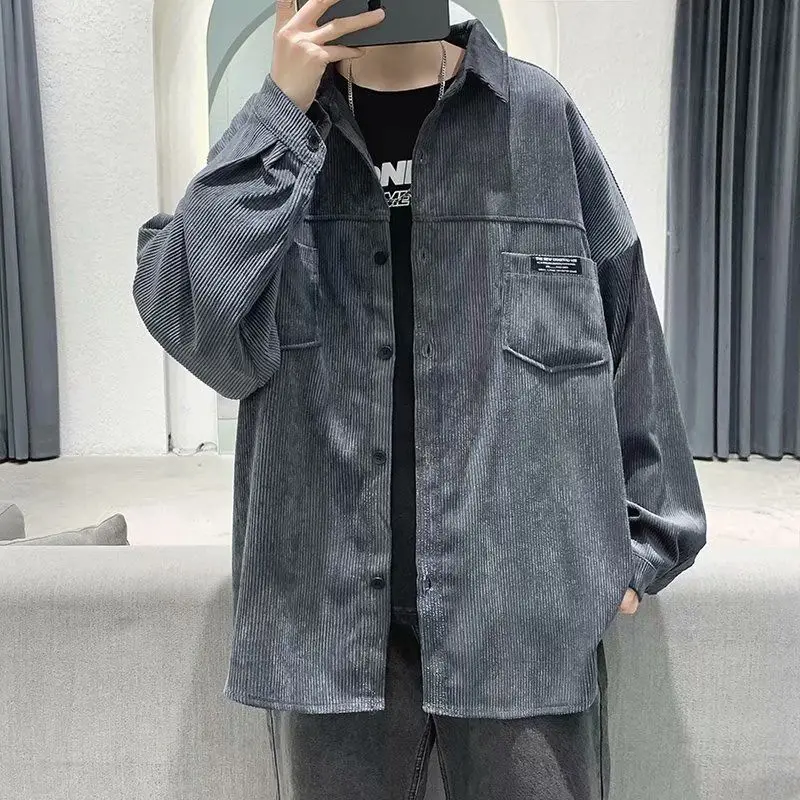 Japanese Hong Kong Style Light Core Velvet Jacket Men's Trendy Ins Long Sleeved Shirt Men's Jacket Loose Casual Clothes